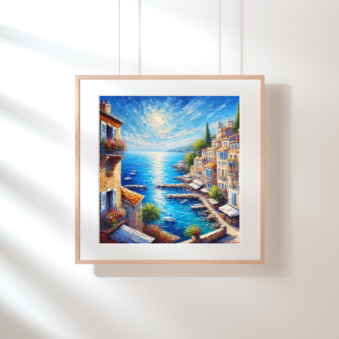 Sunny Mediterranean Coastal Town Harbor Impasto Landscape Art Poster