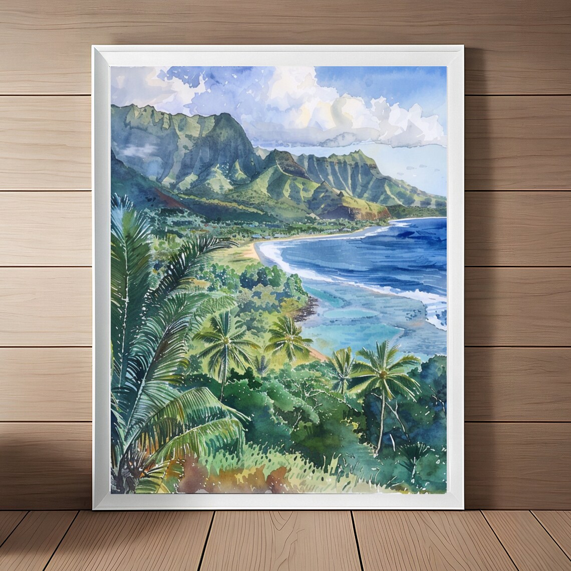 Kauai Hanalei Bay Watercolor Art Print, Hawaii Beach