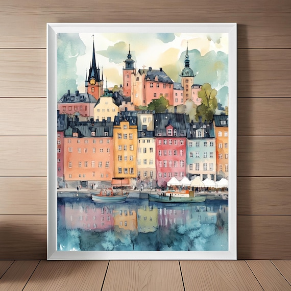 Stockholm Gamla Stan Waterfront Watercolor Sweden City Art Poster