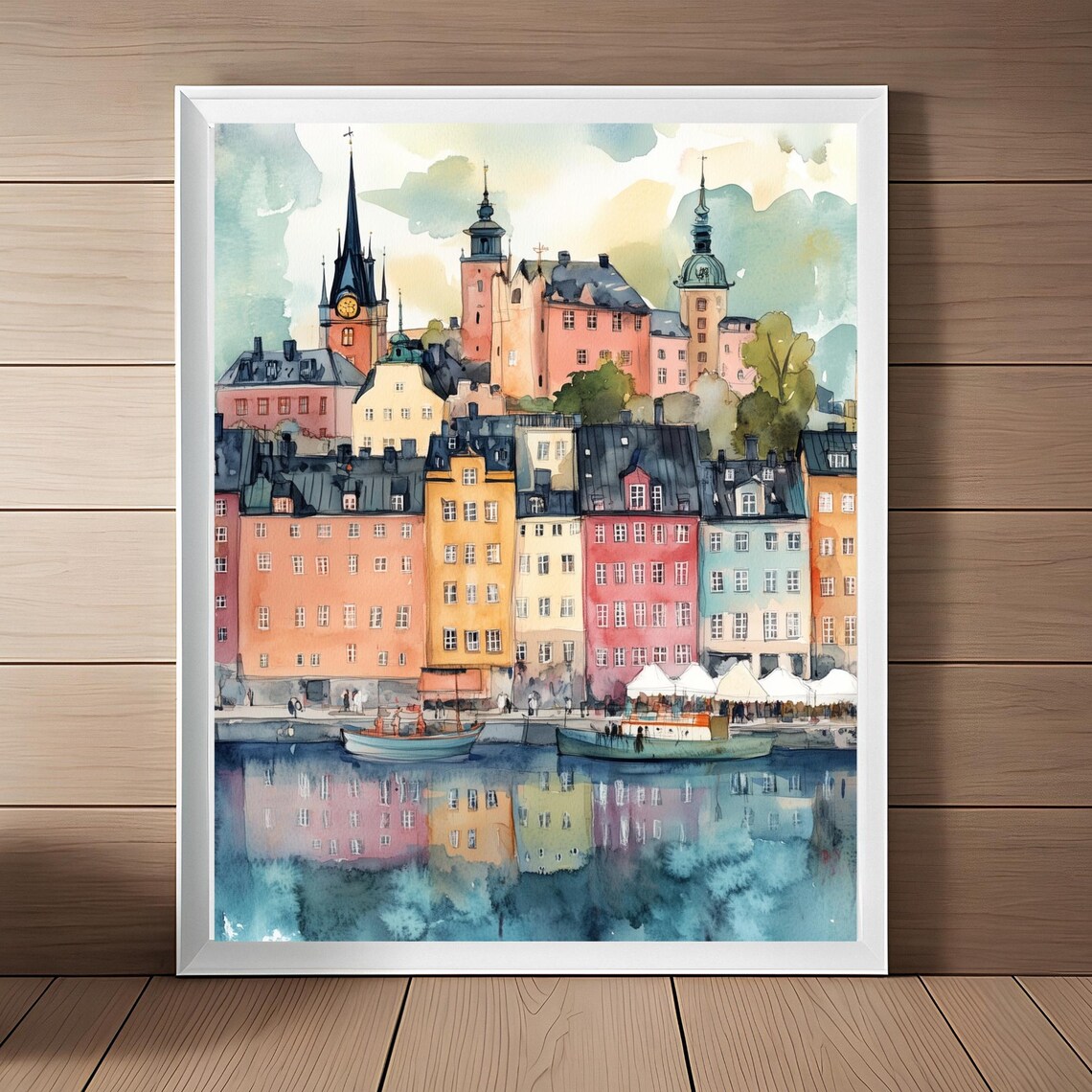 Stockholm Gamla Stan Waterfront Watercolor Sweden City Art Poster