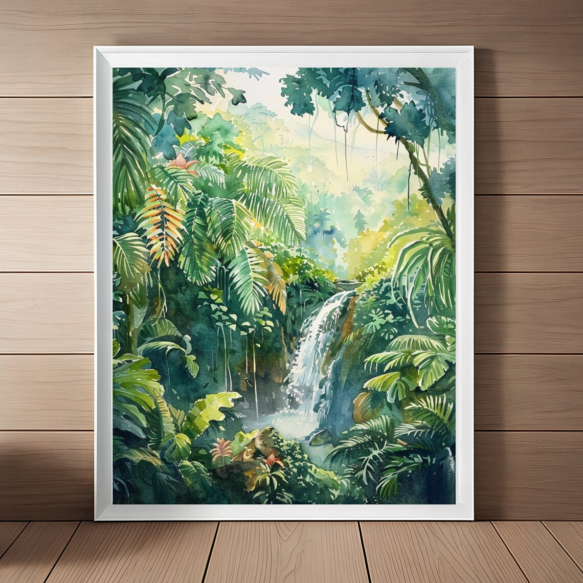 Costa Rica Misty Rainforest Waterfall Watercolor Jungle Poster