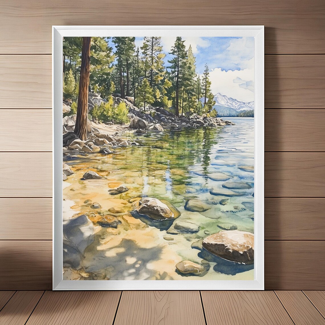 Lake Tahoe Shoreline Watercolor Pine Forest Lake Scenery Art Poster