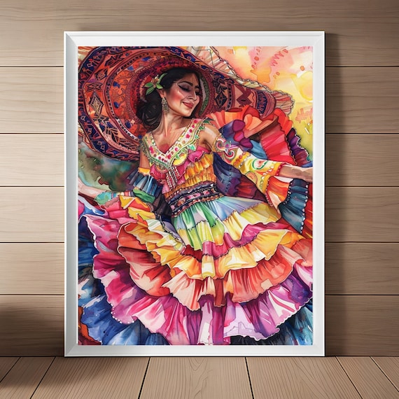 Traditional Mexican Woman Dancing Art Print Mexican Folk Art Painting Colorful Mexico Wall Art Mexico Travel Art