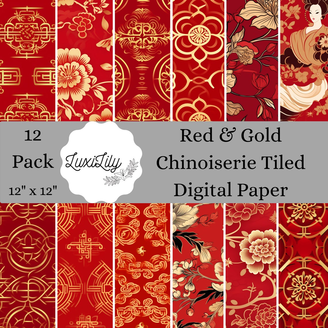Red and Gold Chinoiserie Tiled Asian Pattern Luxury Wall Art