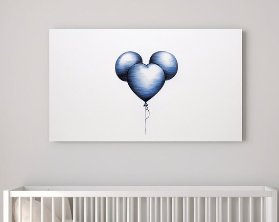 Mickey Mouse Blue Heart Balloon White Minimalist Nursery Poster