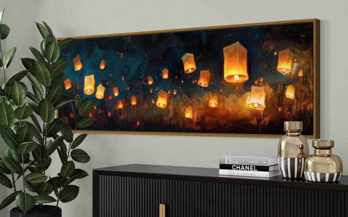 Abstract Floating Lanterns In Night Sky Enchanting Panoramic Print For Above Bed Decor Perfect Long Narrow Wall Art - Image 4
