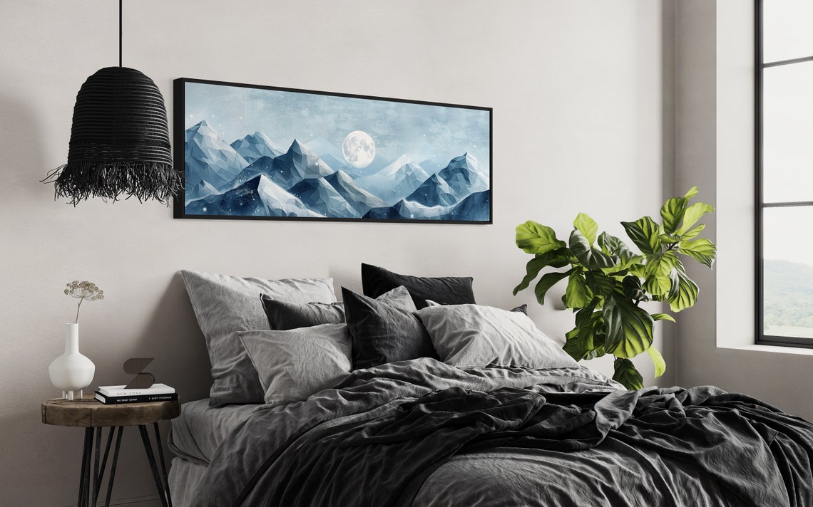 Geometric Mountains Panorama Modern Abstract Nature Art For Above Bed Decor Snowy Mountain Art And Moonlight Painting Print - Image 3