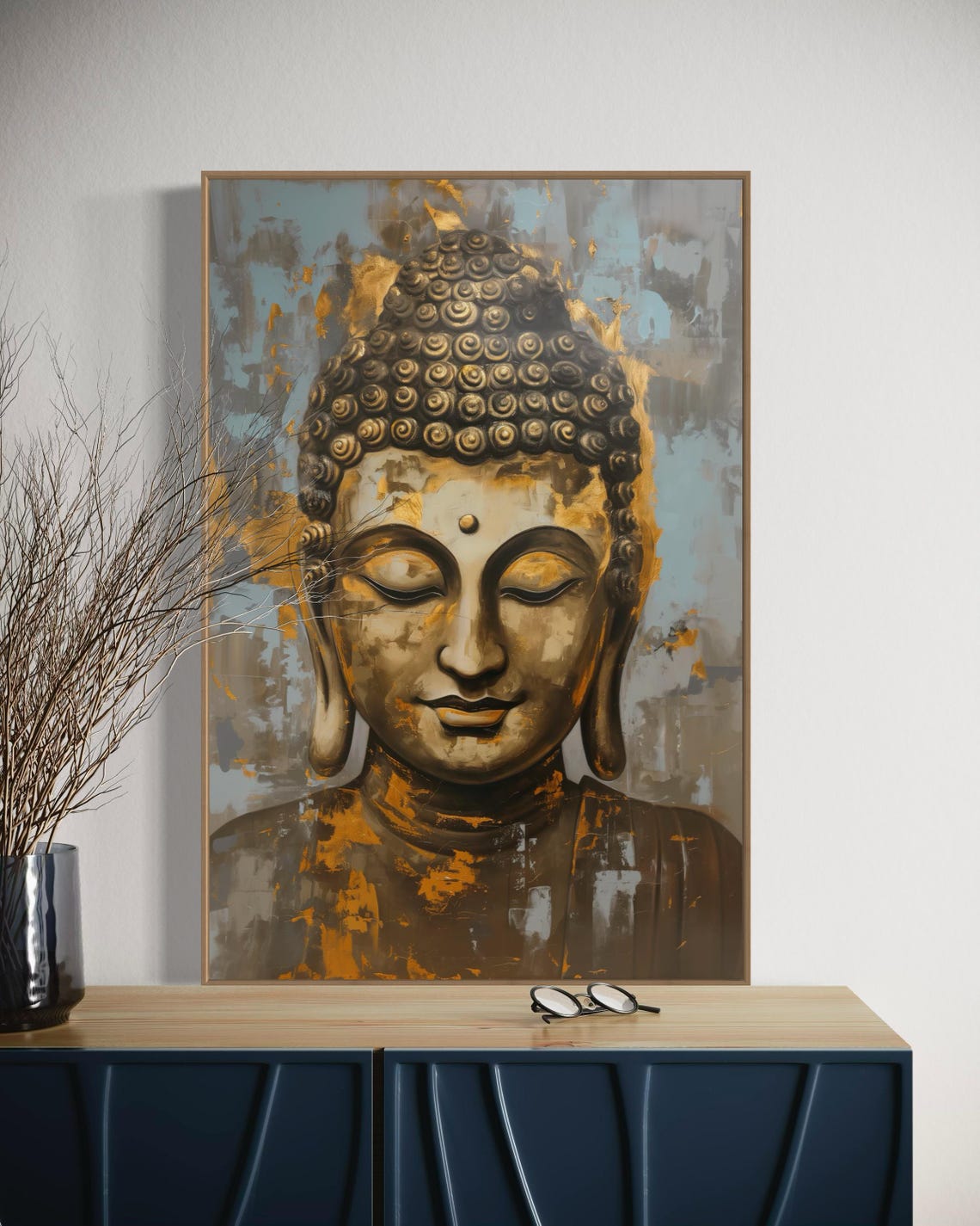 Serene Gold Buddha Face Zen Blue Grey Spiritual Wall Art Poster - Image 2