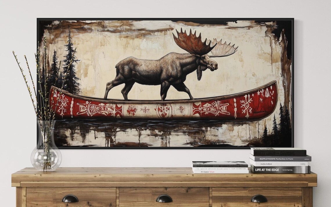 Moose Walking Red Patterned Canoe Reflective Water Rustic Wildlife Poster