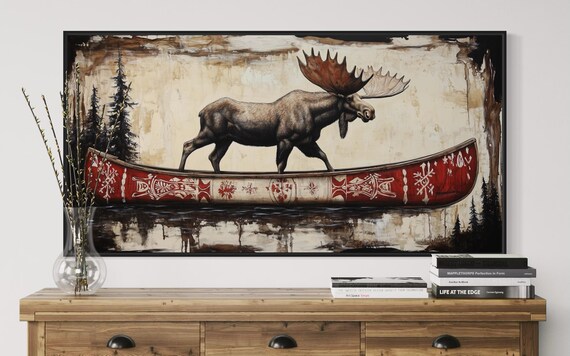 Moose Walking Red Patterned Canoe Reflective Water Rustic Wildlife Poster