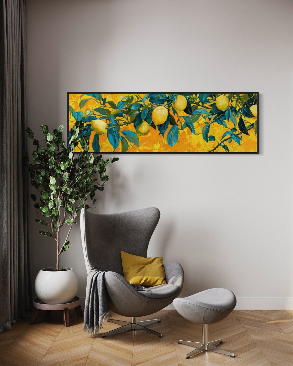 Panoramic Lemon Tree Branch Long Narrow Wall Art Yellow Painting Print Lemon Kitchen Decor Above Couch Citrus Decor - Image 3