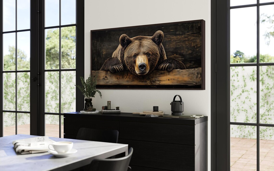 Grizzly Bear Face Peeking Over Wooden Beam Rustic Lodge Wildlife Art Poster - Image 4