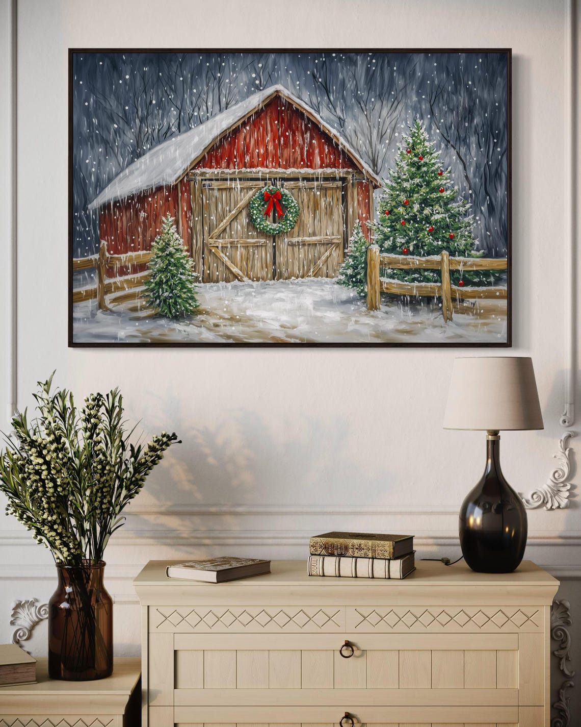 Rustic Red Barn Christmas Snowy Wreath Trees Holiday Farmhouse Print - Image 4