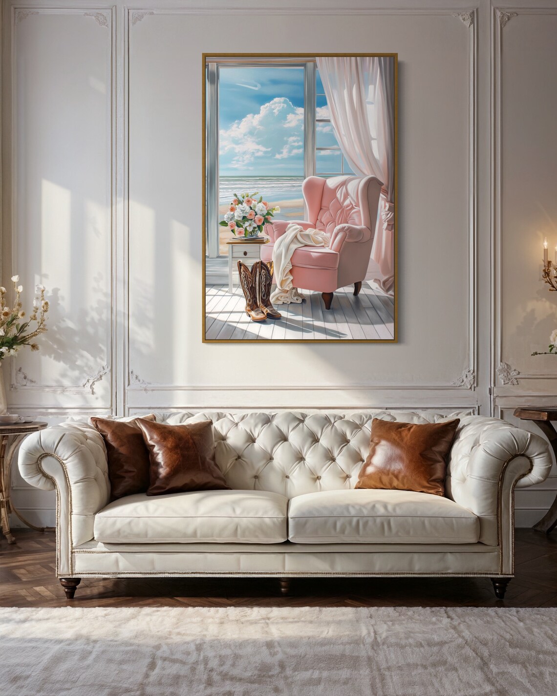 Coastal Cowgirl Reading Nook Pink Chair Ocean View Window Wall Art - Image 3
