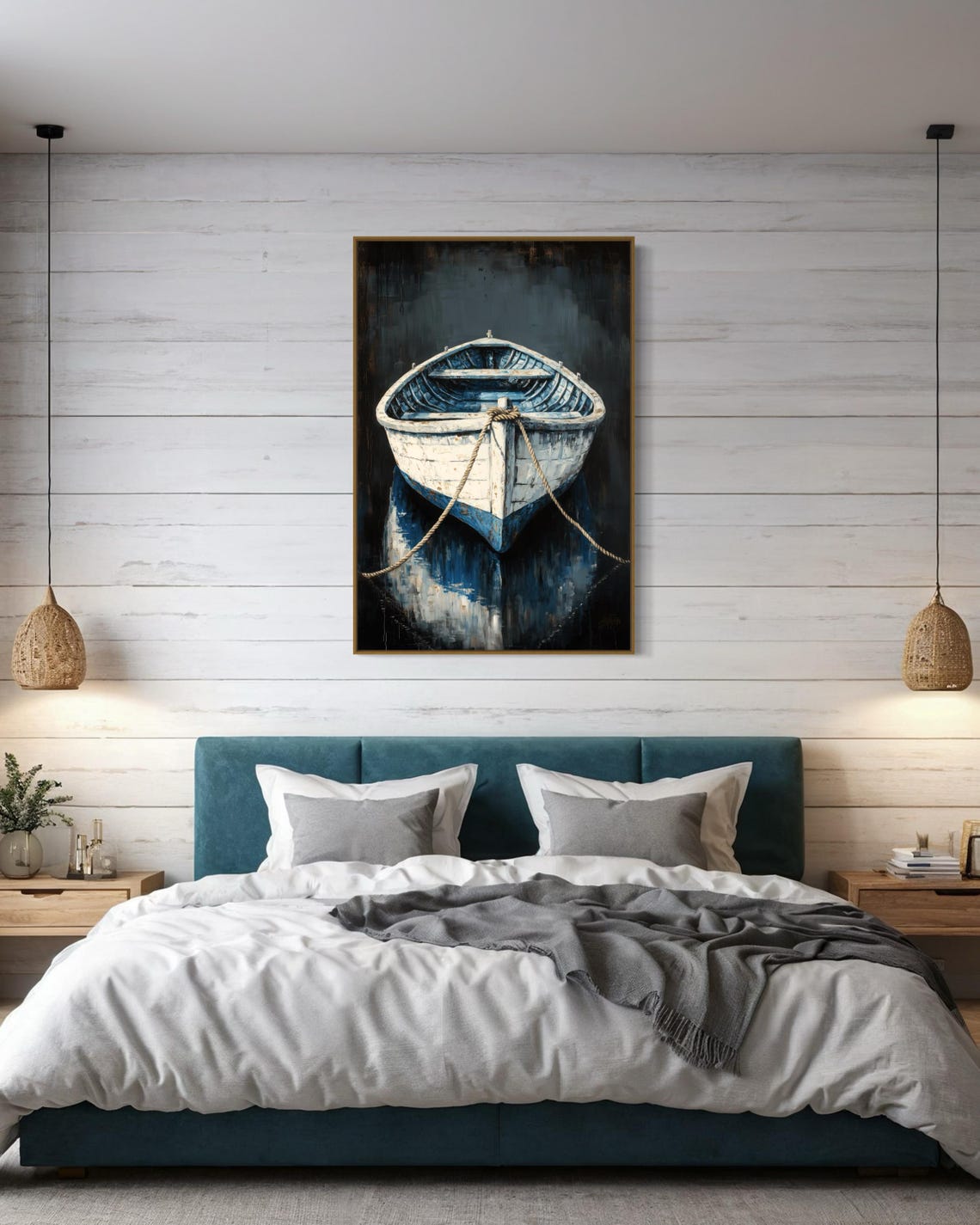Weathered White Wooden Rowboat Moody Nautical Painting Coastal Poster - Image 2