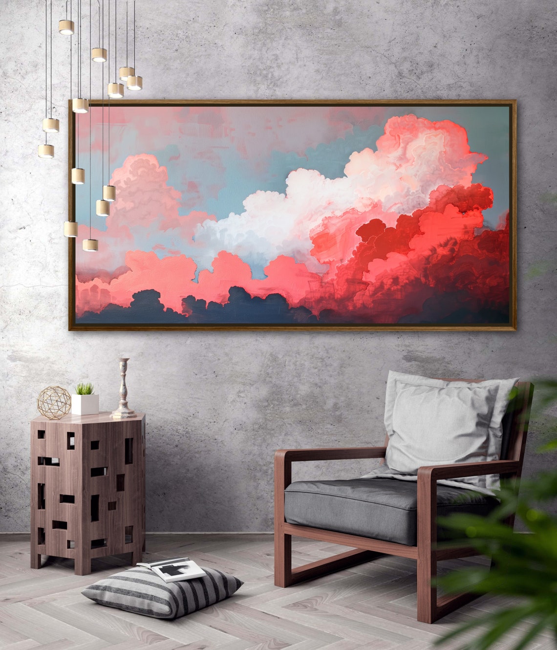 Dramatic Pink Red Cloudscape Moody Sky Painting Panoramic Wall Art - Image 3