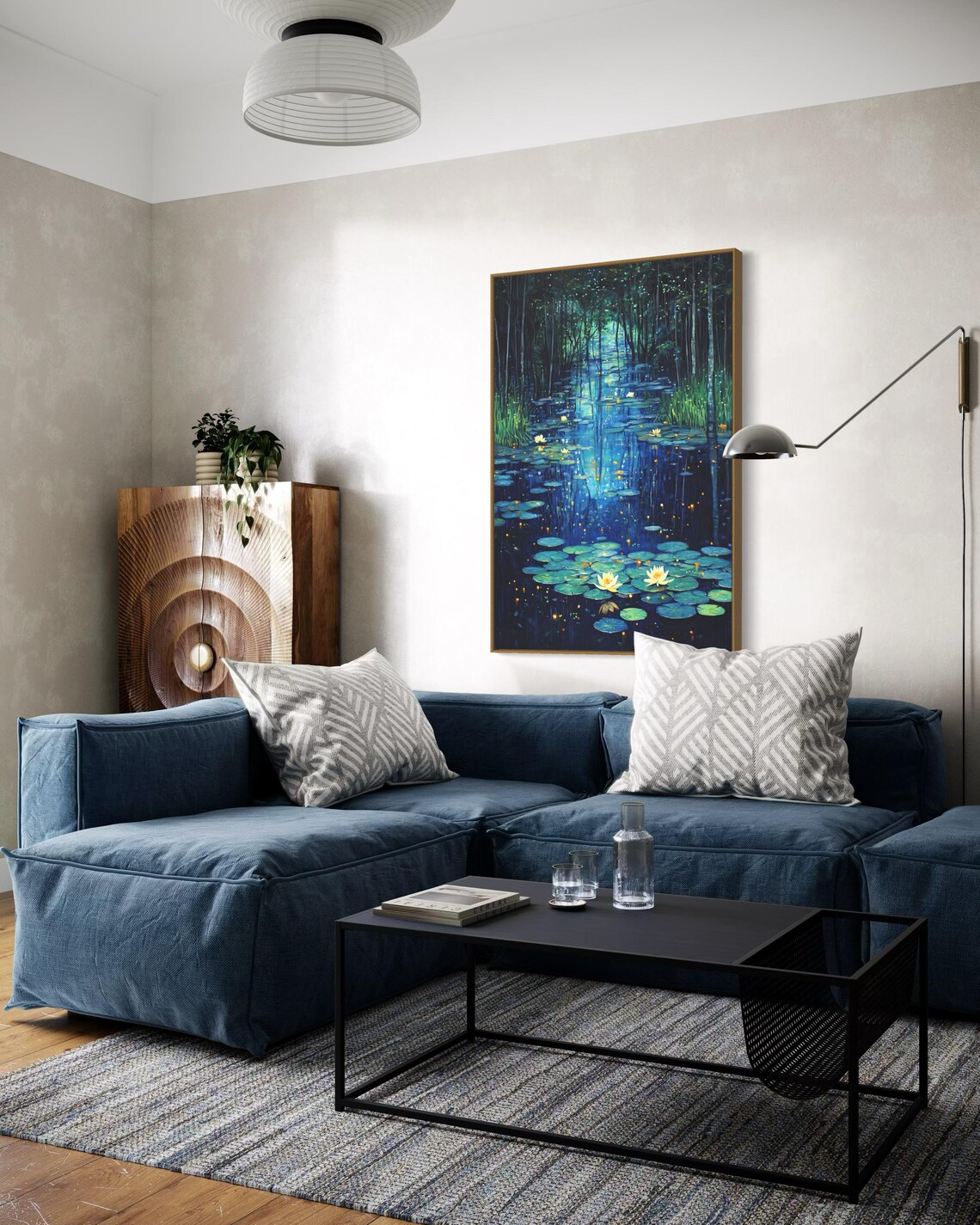 Moonlit Pond with Water Lilies and Fireflies Art Print - Image 3