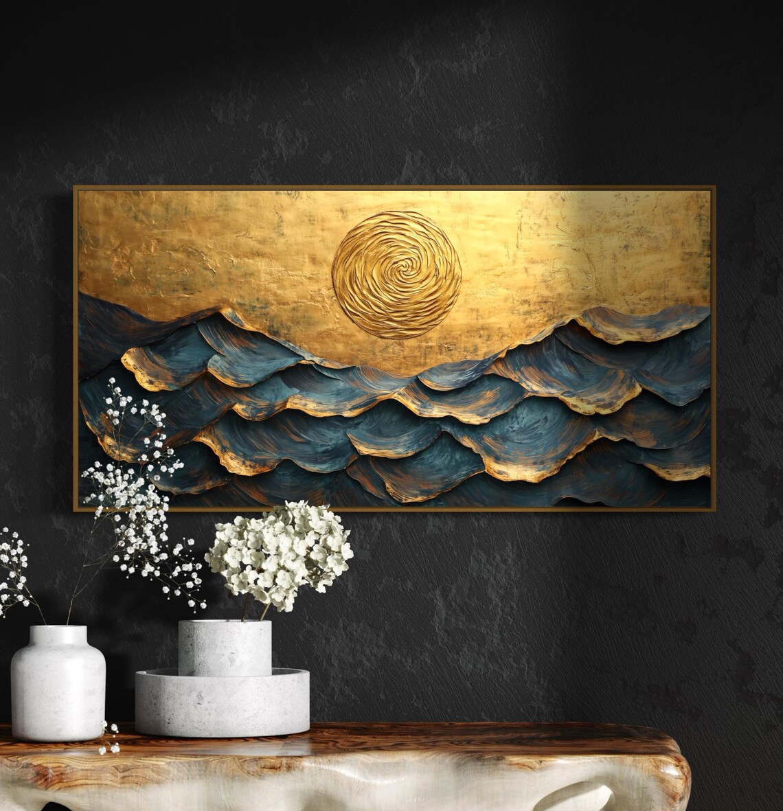 Nautical Navy Blue Ocean Waves Panoramic Art Print