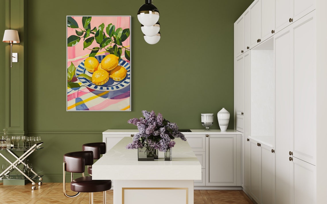 Sunny Lemons On Striped Plate Pink Green Pop Art Kitchen Poster - Image 2