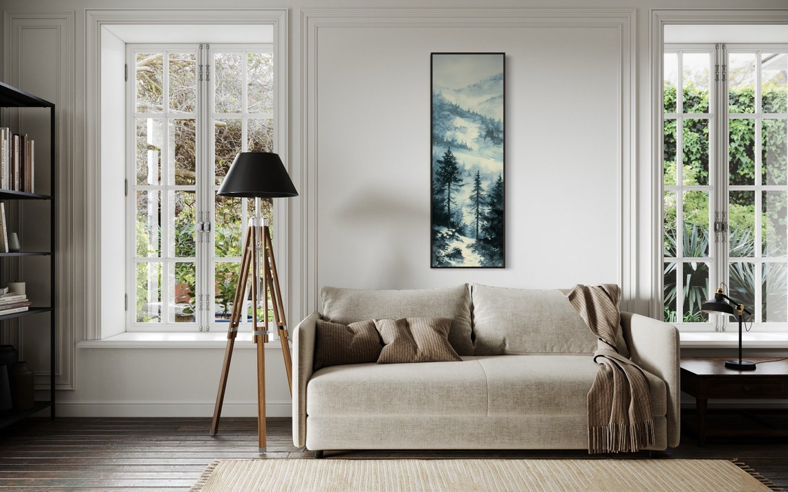 Misty Blue Pine Forest Snowy Mountain Fog Tall Narrow Vertical Poster - Image 4