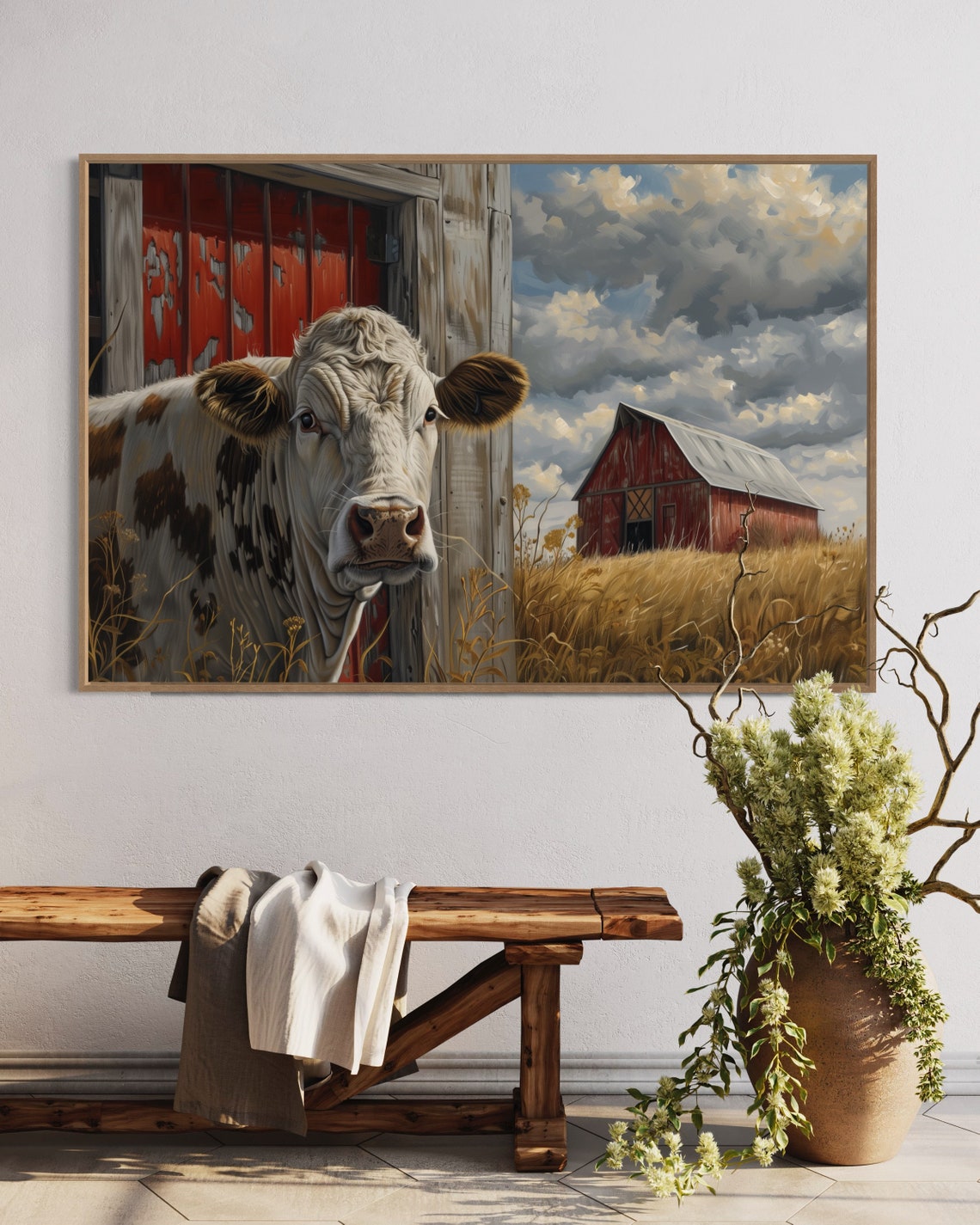 Curious Cow Red Barn Wheat Field Rustic Farmhouse Portrait Wall Art - Image 4
