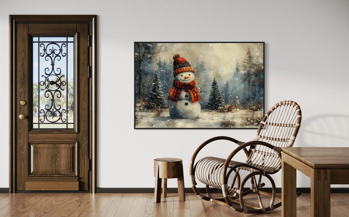 Cozy Snowman Red Hat Scarf Snowy Forest Falling Snow Christmas Poster - Image 3