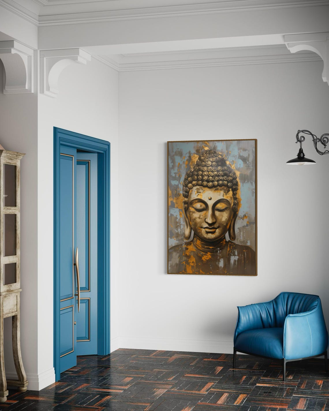 Serene Gold Buddha Face Zen Blue Grey Spiritual Wall Art Poster - Image 3
