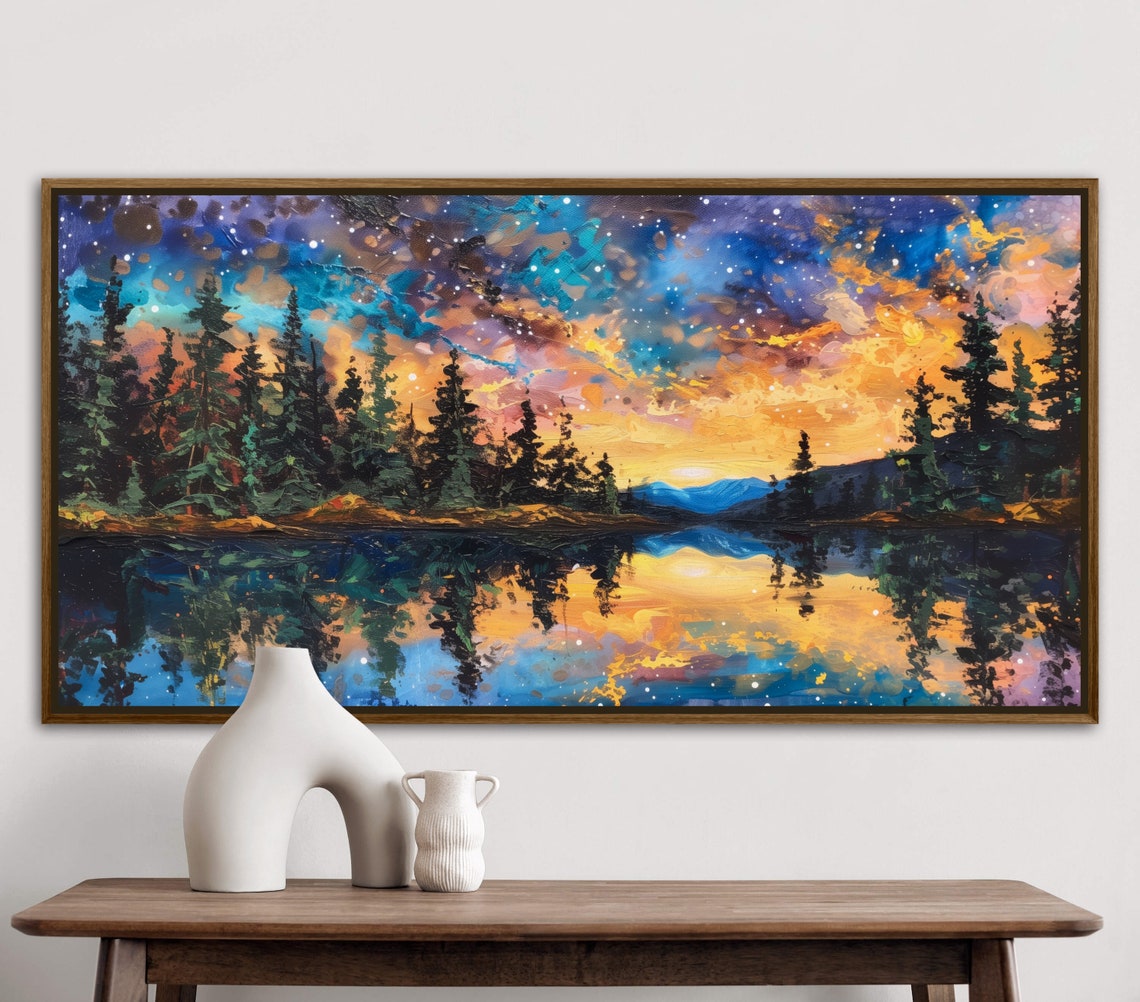 Starry Night Sky Over Pine Forest Lake Reflection Wall Art Poster