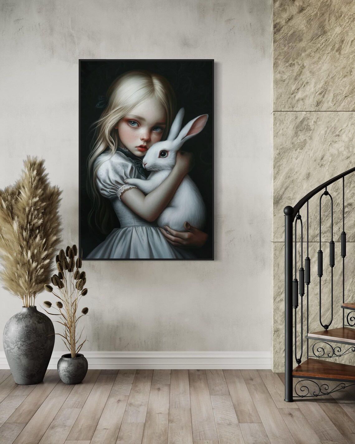 Blonde Girl Hugging White Rabbit Dark Fairytale Portrait Gothic Wall Poster - Image 3