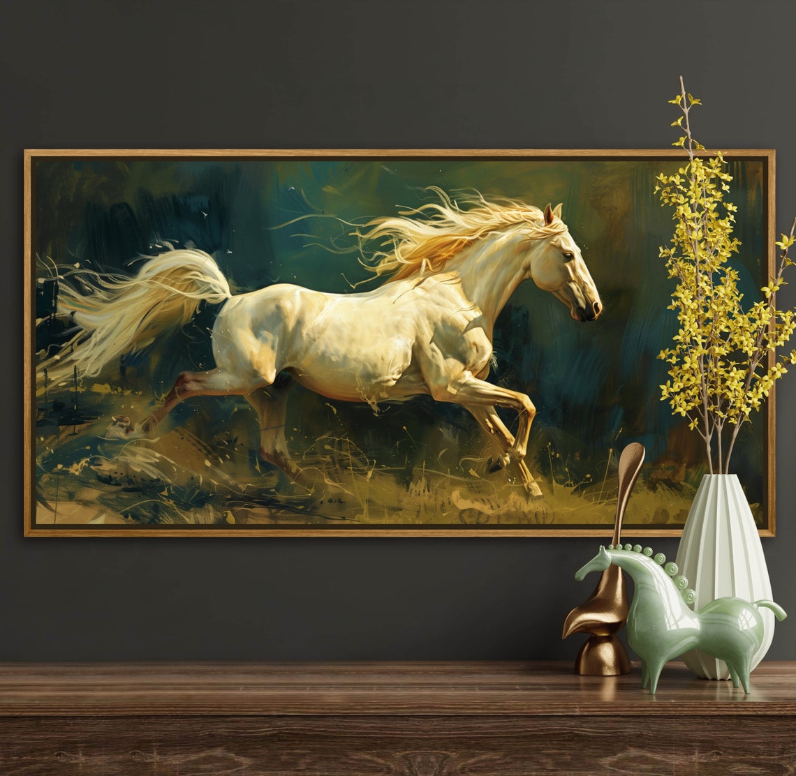 White Horse Galloping Golden Mane Equestrian Wildlife Art Poster