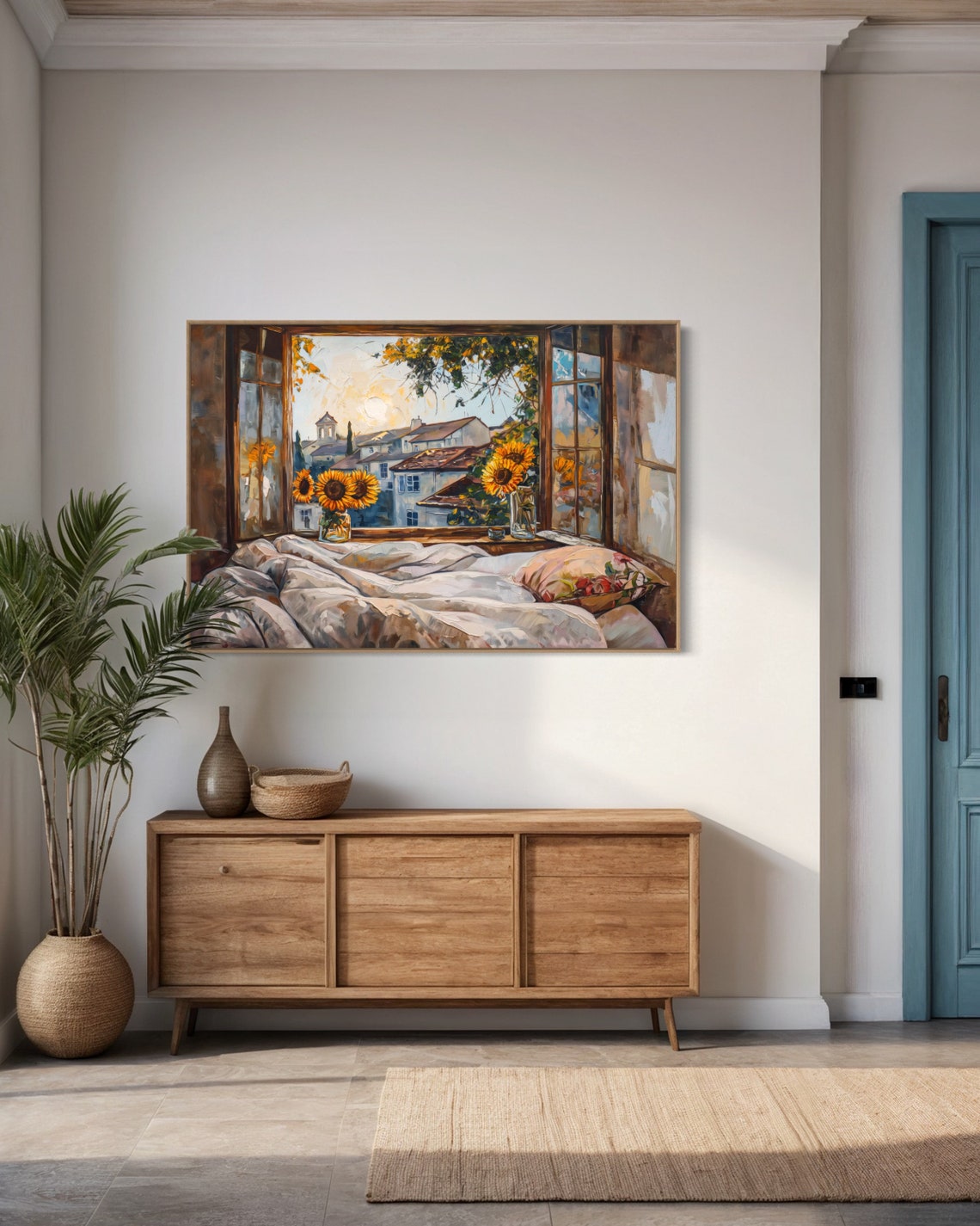 Sunflowers on Windowsill Overlooking Old Village Rooftops View Poster - Image 5