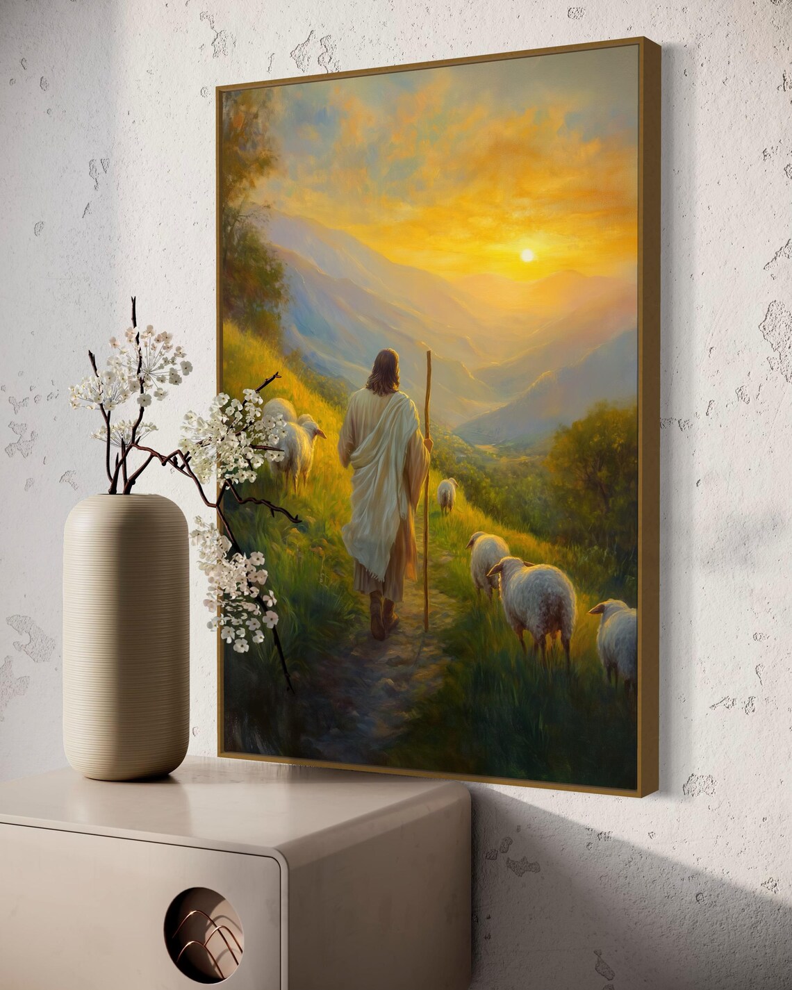 Good Shepherd Jesus Sheep Golden Sunset Mountain Path Faith Art Poster - Image 5