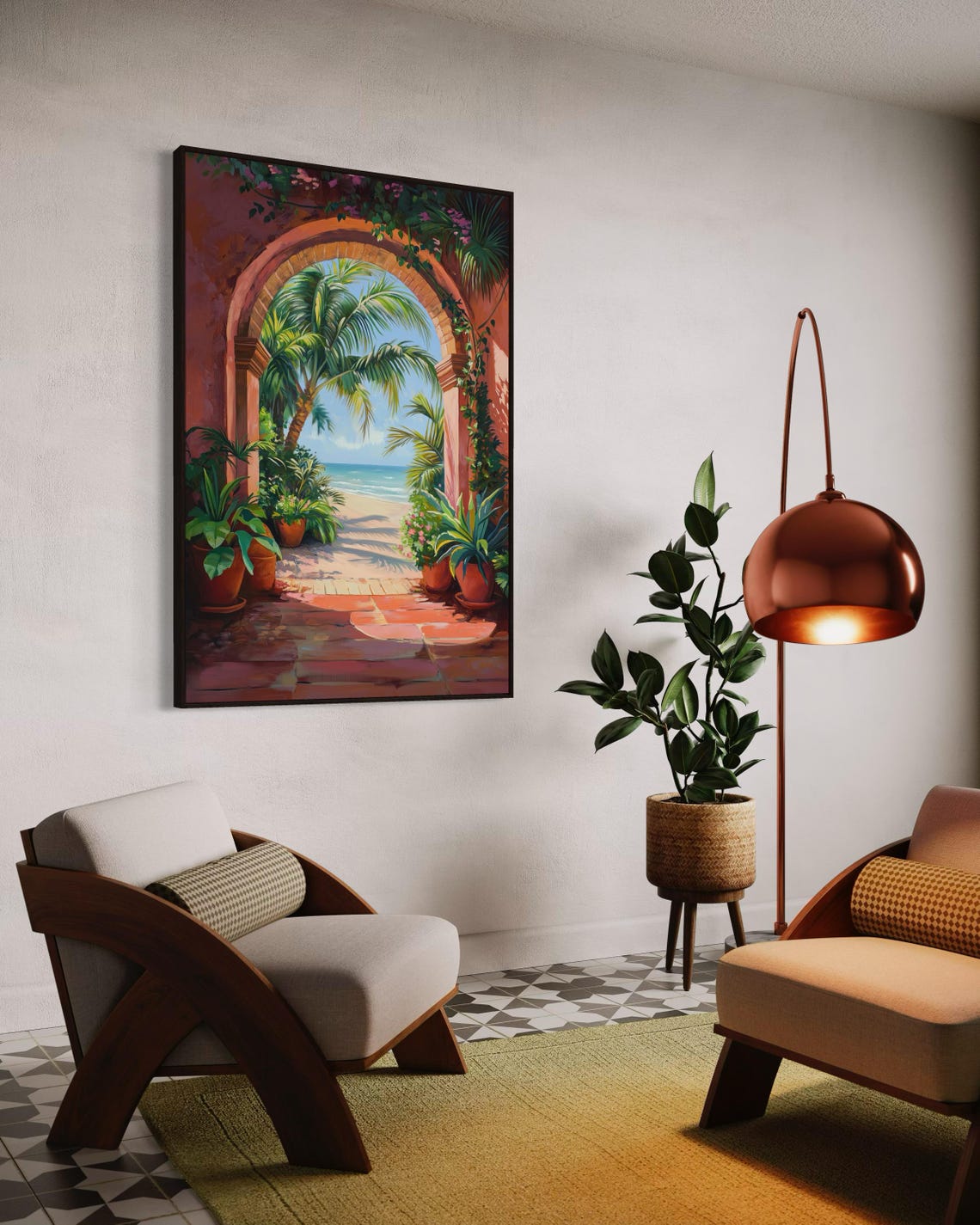 Tropical Beach View Through Terracotta Arch Palm Trees Poster - Image 4
