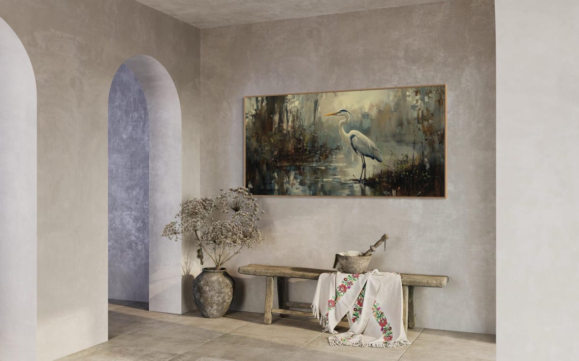 Blue Heron Moody Marshland Muted Tones Elegant Bird Wall Art Print - Image 4