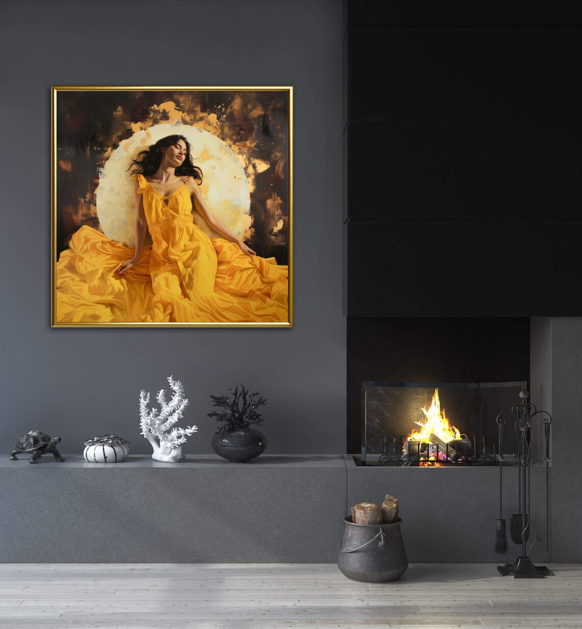 Ethereal Lady In Yellow Dress Against Glowing Full Moon Art Poster - Image 5