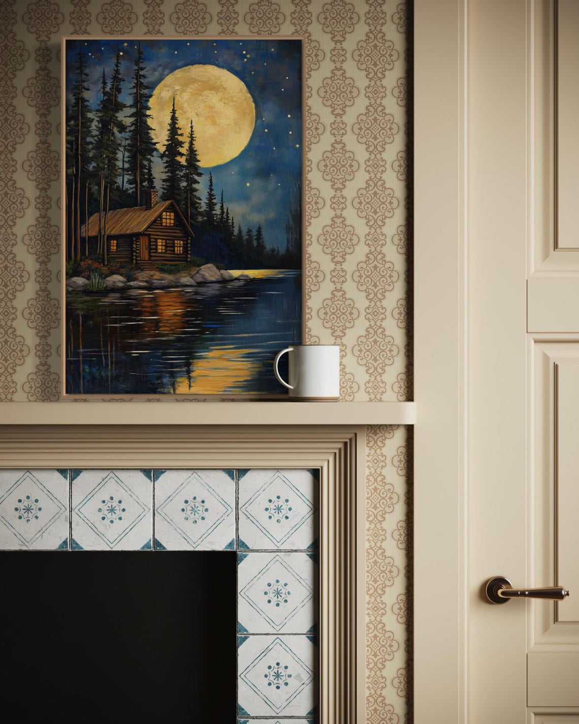 Log Cabin Moonlit Lake Full Moon Starry Night Rustic Cottage Poster - Image 3