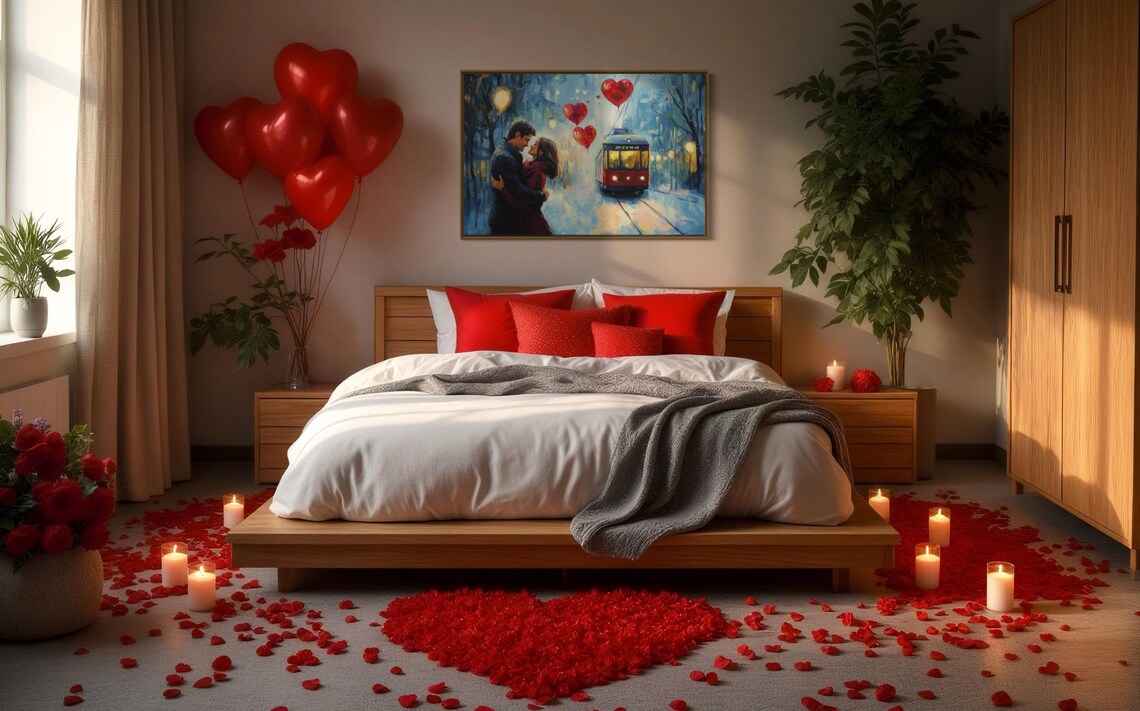 Romantic Couple Heart Balloons Snowy City Tram Night Love Art Poster - Image 4