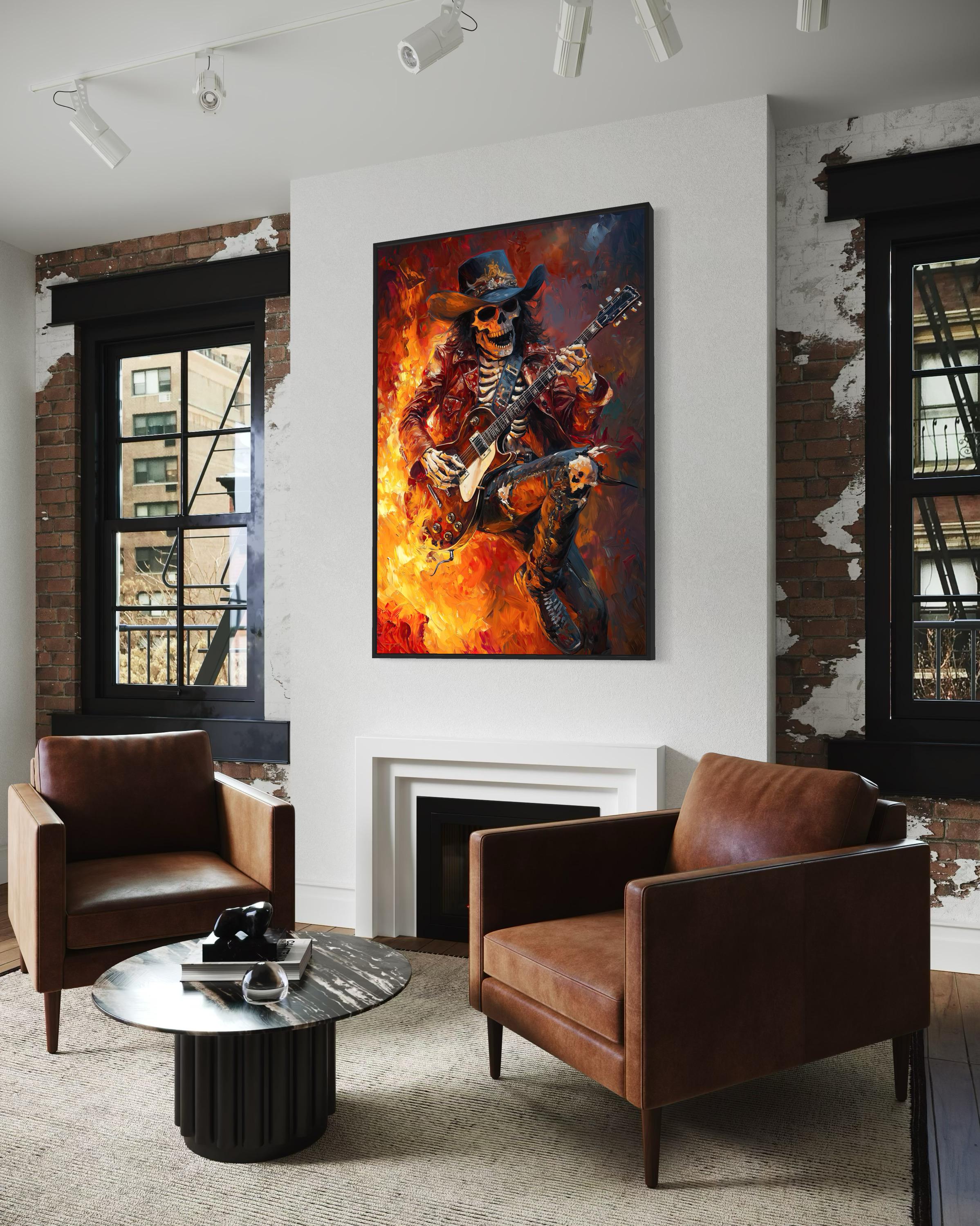Fiery Skeleton Guitarist Rock N Roll Flames Electric Guitar Wall Art Print - Image 3