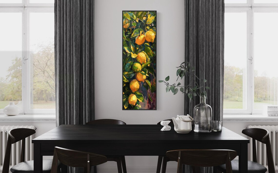 Vibrant Lemon Tree Tall Narrow Impressionist Lemon Wall Art Modern Vertical Fruit Print For Lemon Kitchen Decor - Image 2