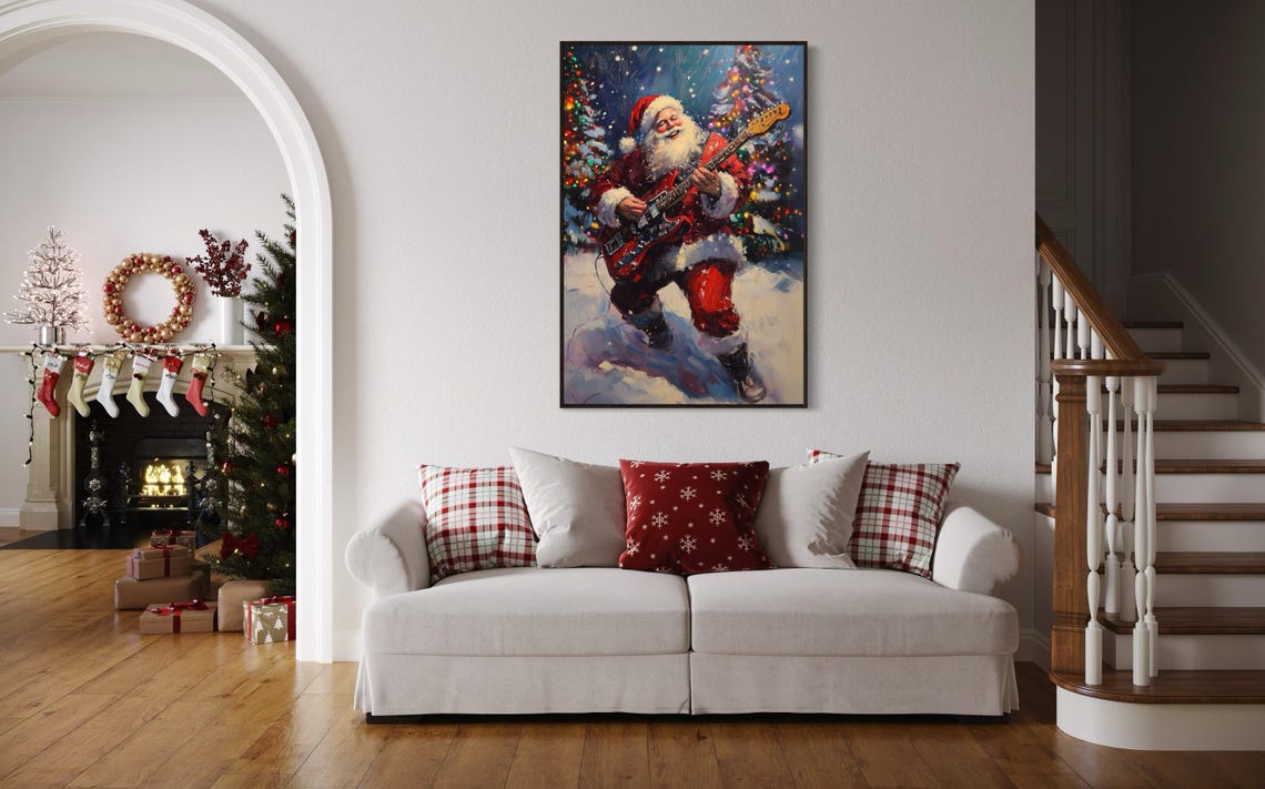 Rocking Santa Claus Electric Guitar Snowy Forest Christmas Poster - Image 4