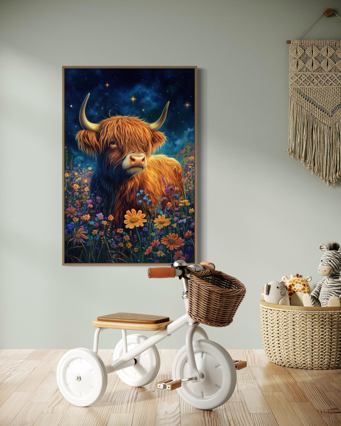 Highland Cow Wildflowers Starry Night Whimsical Colorful Animal Poster - Image 3