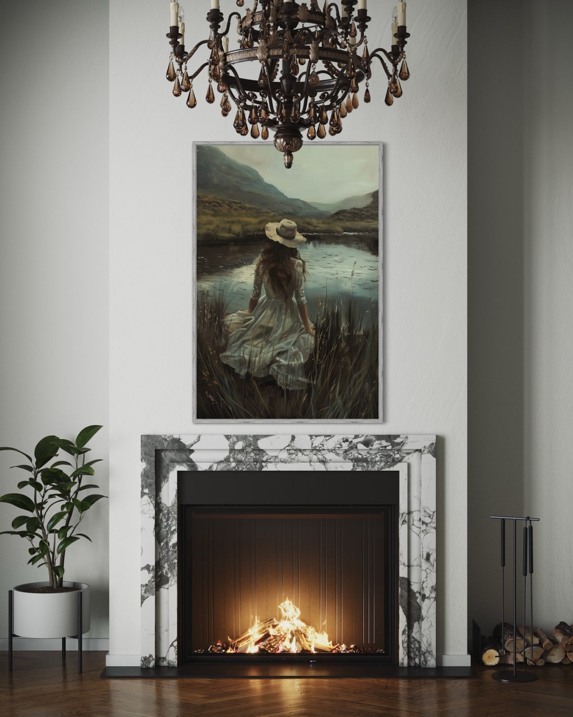 Woman Silhouette By Lake Rustic Oil Painting Moody Aesthetic Poster - Image 3