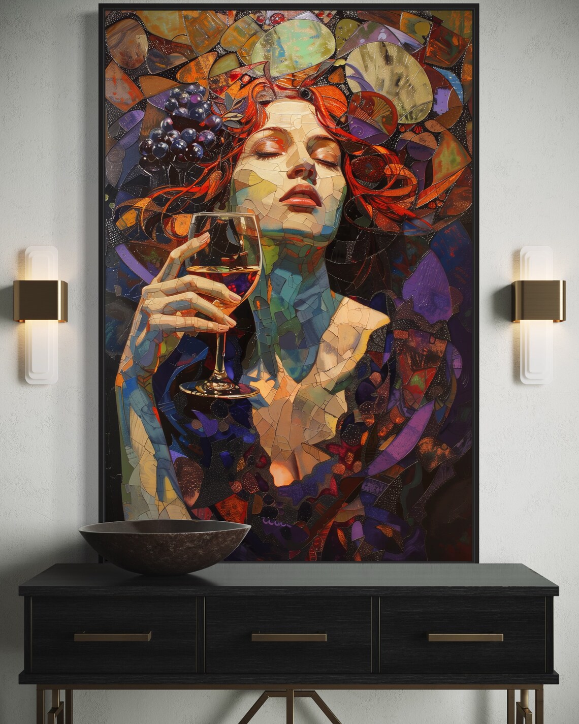 Mosaic Woman Red Wine Glass Vineyard Style Colorful Portrait Art Poster - Image 4