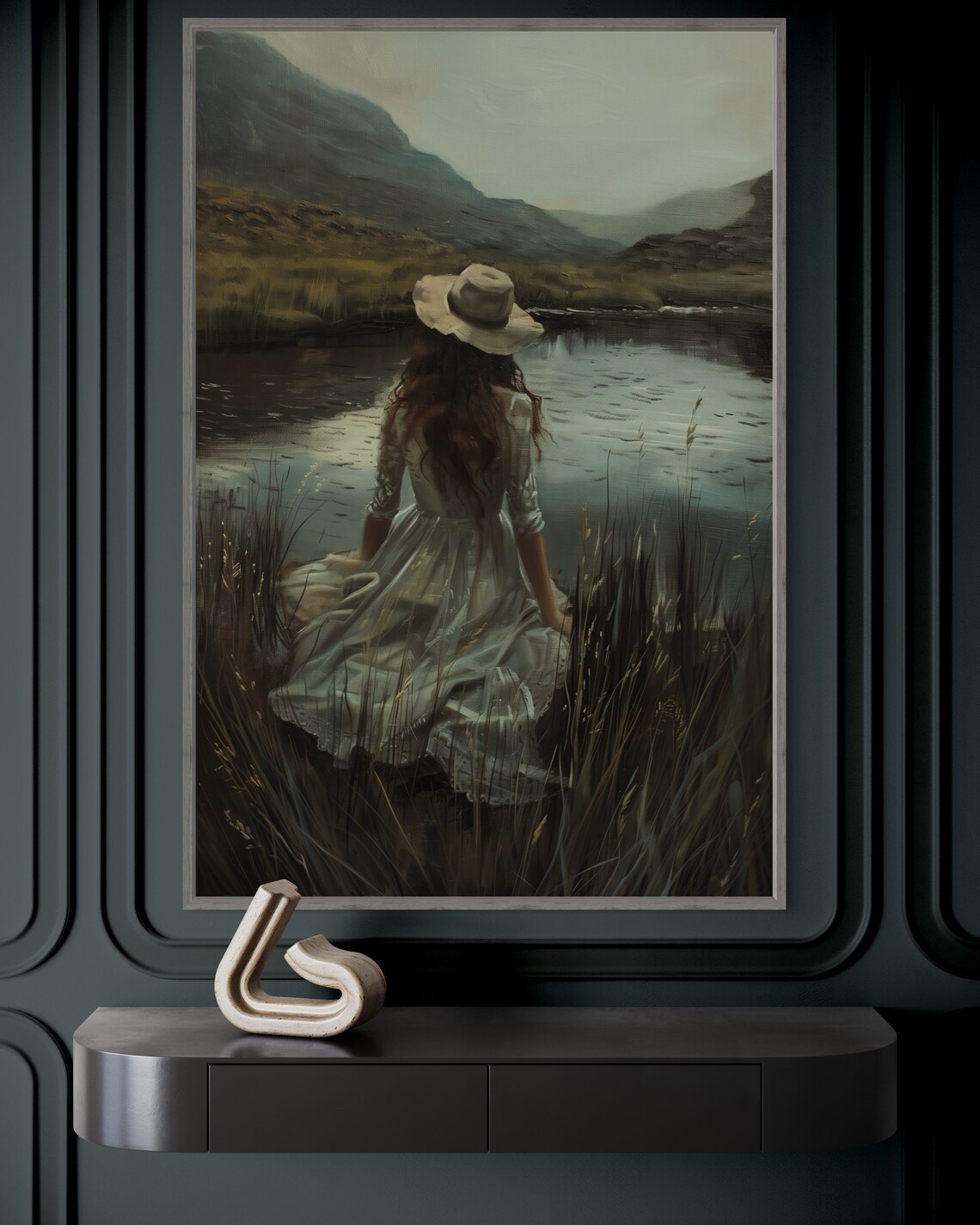 Woman Silhouette By Lake Rustic Oil Painting Moody Aesthetic Poster - Image 5