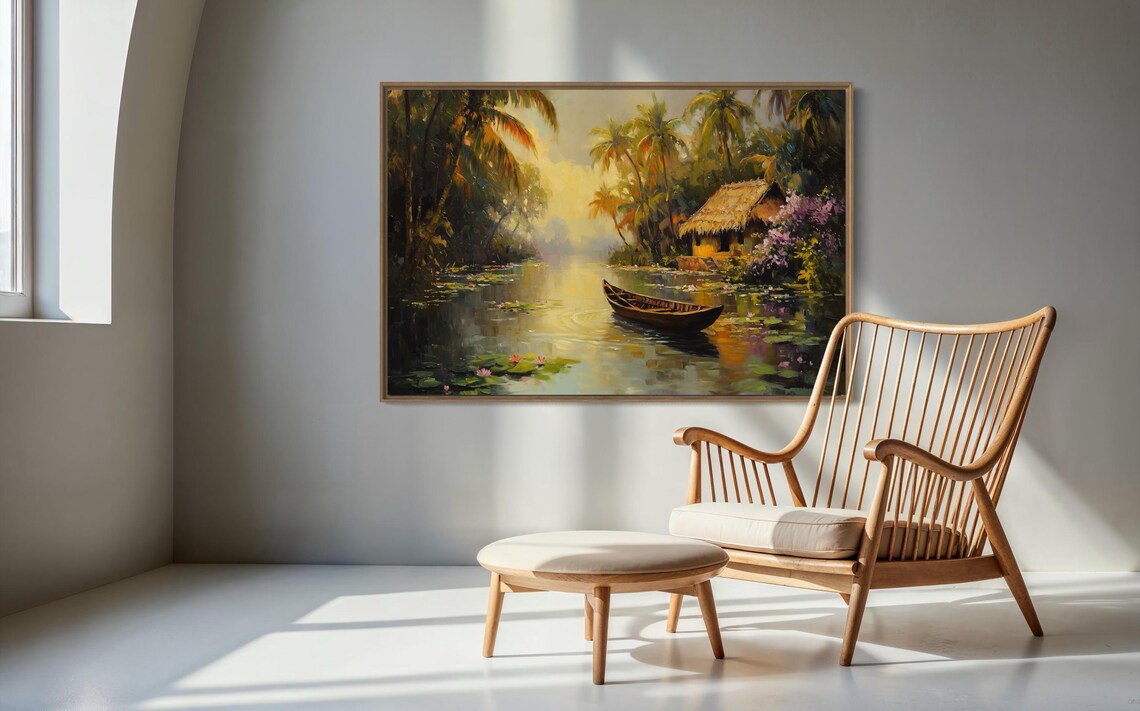 Tropical Sunset River Boho Jungle Canoe Art Print - Image 3