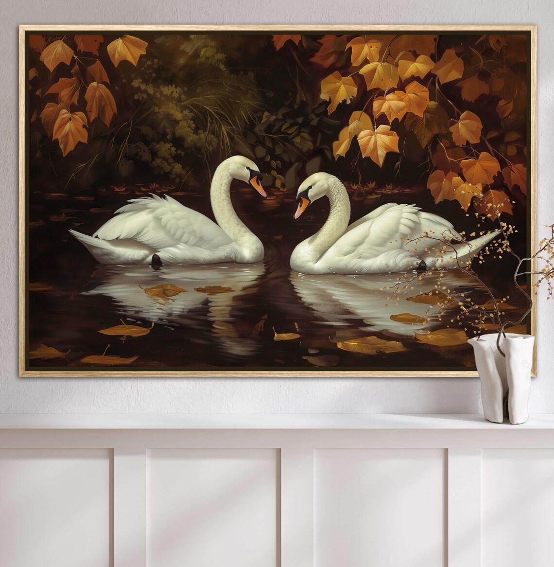Romantic Swan Painting Print, Lake Maple Leaf Decor - Image 2