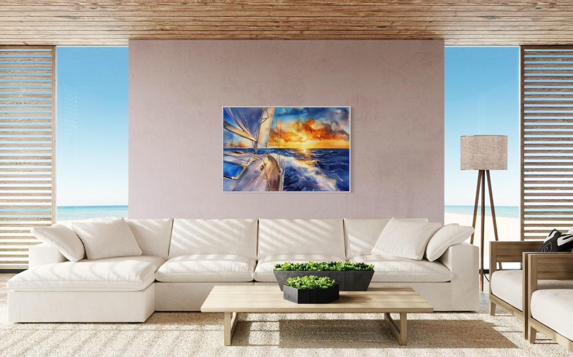 Sailboat Sunset Ocean Waves Dramatic Sky Nautical Coastal Art Poster - Image 4