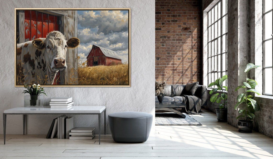 Curious Cow Red Barn Wheat Field Rustic Farmhouse Portrait Wall Art - Image 2