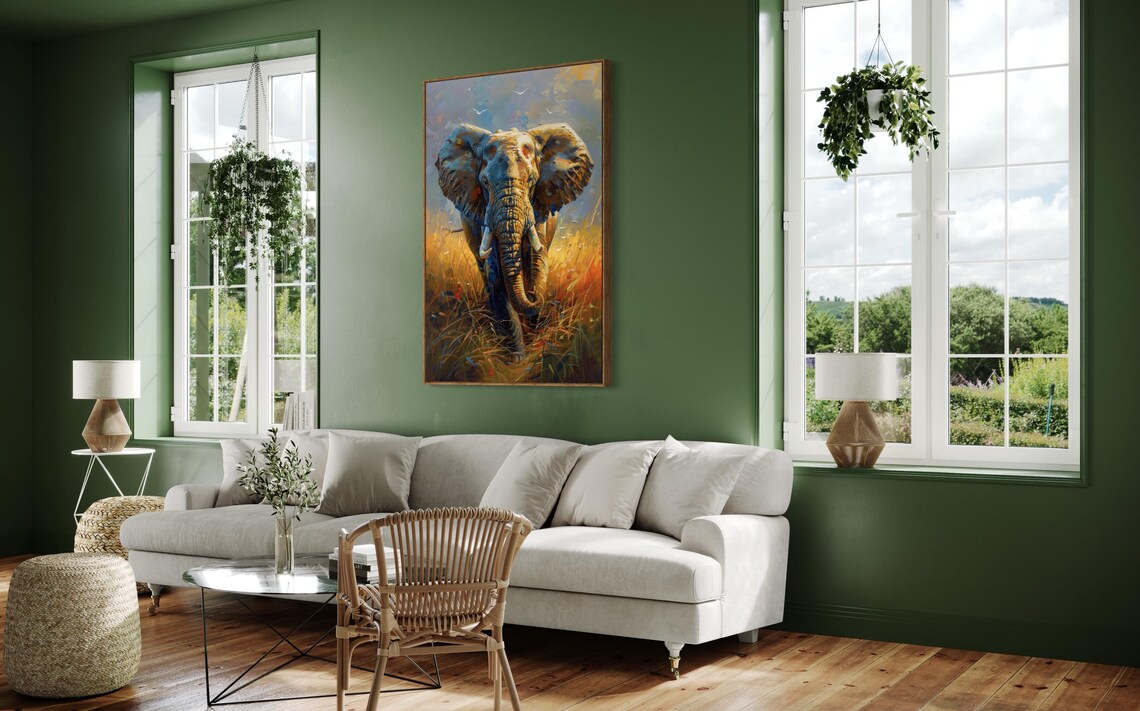 Expressive African Elephant Golden Savanna Wildlife Painting Print - Image 4