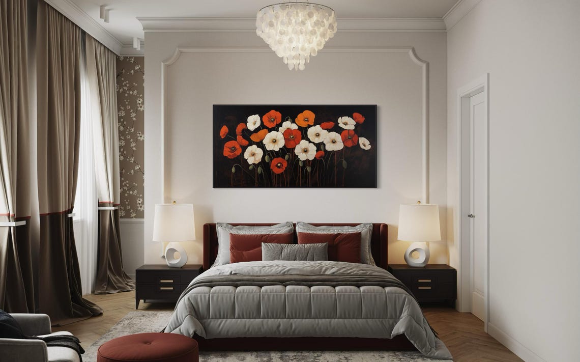 Red White Poppy Flowers Dark Background Panoramic Rustic Poster - Image 2